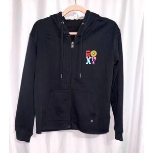 ROXY Black Zip Hoodie Medium NWOT Retro Surf Beach Graphic Festival Streetwear